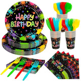 168 Pcs Serves 24 Guests Happy Birthday Party Plates And Napkins Glow Neon Birthday Tableware Set - Cups, Knives, Forks, Spoons