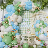 Silly Goose Balloon Arch Kit 158Pcs Sage Green & Blue Balloons With 23Inch Funny Goose Mylar Balloons For One Silly Goose Boys Birthday Spring Party Decoration (Blue White)