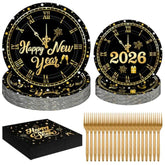 96 Pcs Happy New Year Plates And Napkins, 2026 Nye Plates Black Gold With Clock Design, Disposable Dinnerware Set Include Plate, Napkins, Fork, Happy New Year Plate For Eve Party Supplies Serves 24