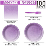 100Pcs Ombre Purple Party Decorations For Birthday Tableware Sets Lilac Lavender Paper Plates Napkins Forks For 25 Guests Wedding Anniversary Light Pastel Purple Dinnerware Table Party Supplies Favors