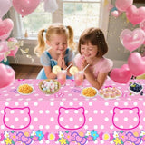 1 Pack Pink Kitty Tablecloth, Cat Disposable Plastic Pink Bow White Dot Table Covers For Birthday Party Decorations, Baby Shower Party Decor Supplies- 54 X108In