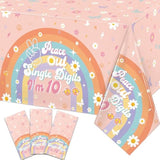 10Th Birthday Decorations For Girl, 3 Pack Peace Out Single Digits Party Decor Tablecloths, Double Digits Birthday Disposable Plastic Table Covers 54X108 Inch, Groovy Themed Party Supplies