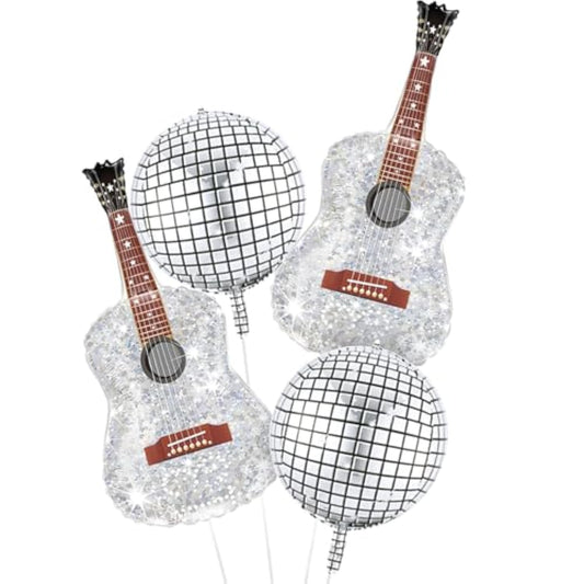 Silver Blow Up Inflatable Guitar Balloons Large 22 Inch 4D Disco Ball Balloons 60S 80S 90S Rock And Roll Music Note Theme Balloon Party Decoration Props For Concert Birthday Party Decorations