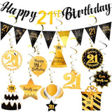 21St Birthday Decorations Men Set - Happy 21 Birthday Banner Triangle Flag Hanging Swirls Streamers For Women Men Party Decorations Supplies, Black And Gold