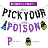 Glitter Pick Your Poison Banner with Hanging Swirls Halloween Haunted Mansion Decor