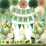 Sage Green & Gold Birthday Decor with Balloons, Banner & Fringe Curtain Backdrop