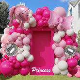 Hot Pink Princess Balloon Arch Kit With Rose Red, Light Pink, Matte White Balloons, Silver Disco Ball, Bows And Crown For Girl Summer Birthday, Coquette Party, Ballerina,Graduation, Baby Shower Decor