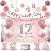 Rose Gold 12th Birthday Decoration Kit: Banner, Pom Poms, Cake Topper