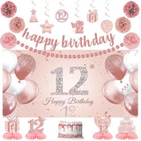 Rose Gold 12th Birthday Decoration Kit: Banner, Pom Poms, Cake Topper