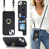 For Case With Card Holder And Strap For Women,Crossbody Lanyard,Ring Stand,Snap Clasp,Phone Wallet Cases 6.1 Inch(Black)