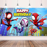 Cartoon Spidey-Themed Birthday Party Supplies. These Decorations Include "Happy Birthday" Banners, Tableware, Tablecloths, Balloons, Large And Small Skewers, And Party-Themed Decoration Sets.