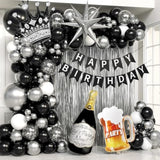 Black and silver birthday set with balloons, banner, and fringe curtains for men