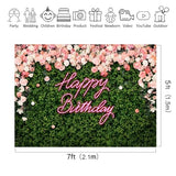 Happy Birthday Backdrop for Women Girl Green Grass Flower Floral Wall Decor
