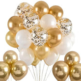 50-Pcs Gold & White Balloon Set, 12" Latex Balloons with Ribbon for Parties