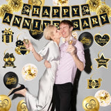 Happy Anniversary Decorations, Black And Gold Happy Anniversary Banner Wedding Party Decorations With 18Pcs Balloons, Backdrop, Hanging Swirls, Pompoms