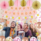Birthday Decorations Pink Happy Birthday Banner Confetti Balloons Honeycomb Ball Circle Dots Garland Hanging Swirls Rose Gold Birthday Party Decor For Girls Women Princess