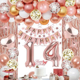 14Th Rose Gold Birthday Party Decorations For Girls, Rose Gold Happy Birthday Banner, Fringe Curtains, Heart Foil Balloons, Confetti Balloons, Cake Topper For 14Th Birthday Decorations