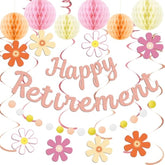 Retirement Party Decorations For Women, Rose Gold Happy Retirement Banner Female, Honeycomb Balls, Hanging Swirl,Retired Parties Supplies