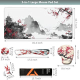 Japanese Desk Mat Set, Large Gaming Mouse Pad With Wrist Rest, Ergonomic Mouse Pad Keyboard Mat Wrist Support,Phone Holder,Cup Coaster,Home Office Desk Accessories Decor Supplies, Cherry Blossom