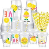 60 Set Plastic Cups Lemon Themed 14 Oz Disposable Clear Cups With Lids And Paper Straws For Lemon Themed Party Favor Supplies Decorations