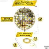 , Gold Disco Ball Balloons - Huge 22 Inch, Pack Of 6 | Metallic 4D Myl