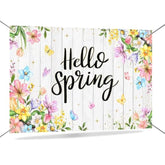 Hello Spring Banner Backdrop Wildflowers Rustic Wood Happy Spring Background Banner Butterfly Flowers Easter Holiday Party Decorations 70.8 X 43.3 Inch