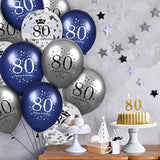 80th Birthday Balloon Set: Navy, Silver & Confetti - 15 Piece Party Decor