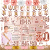 21Pcs 80Th Birthday Decorations Kit For Women, Pink Rose Gold 1945 Happy 80 Birthday Banner Honeycomb Centerpiece Hanging Swirls Party Supplies, Eighty Birthday Sash Table Decor