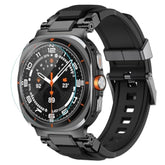 Compatible With Samsung Galaxy Watch Ultra Bands For Men, Metal Connector Rugged Strap For Galaxy Watch 7 Ultra 47Mm, Sport Accessories With 9H Tempered Glass Screen Protector - Black/Black