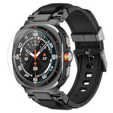 Compatible With Samsung Galaxy Watch Ultra Bands For Men, Metal Connector Rugged Strap For Galaxy Watch 7 Ultra 47Mm, Sport Accessories With 9H Tempered Glass Screen Protector - Black/Black