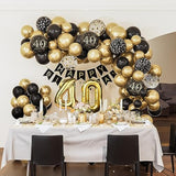 40th Birthday Decoration Set: Black & Gold Balloons, "Happy Birthday" Banner