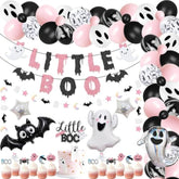 92 Pcs Little Boo Party Kit Little Boo Banner Cake Topper Boo Skeleton Bat Mylar Balloons For Pink Black Girl Halloween Baby Shower The Spooky One Halloween 1St Birthday Party Decorations