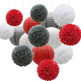 Hanging Party Decorations Set, 15Pcs Red Gray White Paper Flowers Pom Poms Balls And Paper Lanterns For Wedding Birthday Bridal Baby Shower Graduation