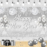 Silver Happy New Year 2026 Glitter Banner Firework Backdrop Party Decor