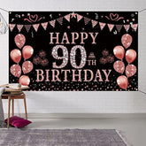 90th Birthday Decorations, Rose Gold Backdrop Banner for Women’s 90th Party Decor