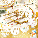 195 Pcs Christmas Party Supplies Disposable Tableware Set Christmas Plates Tablecloth Banner Napkins Cups Forks Knife Spoons Xmas Dinnerware For 24 Guests Holiday Decorations(Merry Bright)
