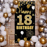 18Th Birthday Door Banner Backdrop, Happy 18Th Birthday Decorations For Girls Boys Black Gold, 18 Years Old Birthday Party Photo Props Yard Sign For Outdoor Indoor, Sturdy,