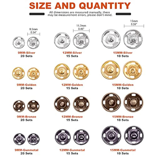 180 Sets 9Mm 12Mm 15Mm Sew-On Snap Buttons 4 Color Snap Buttons Metal