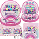 Party Decorations 41Pcs Cute Cat Style Birthday Tableware Set Include Paper Plates Of Two Sizes, Napkins, 42.5X70.8Inch Rectangular Waterproof Plastic Tablecloth