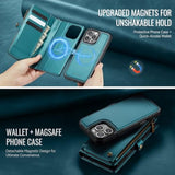 For Iphone 16 Pro Magnetic Wallet Case Compatible With Magsafe With Rfid Blocking Zipper Strap Card Holder For Women Men Pu Leather Detachable Case For Iphone 16 Pro (6.3 Inches), Blue Green