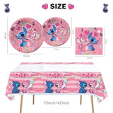 41Pcs Pink Stitch Party Set – 20 Plates, 20 Napkins & 1 Tablecover. Perfect For Stitch-Themed Birthdays! Features Cute Pink Stitch Prints, Durable Plates, And Easy Cleanup. Ideal For Kids’ Parties!
