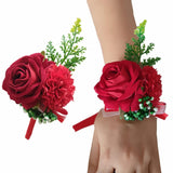 Red Corsage And Boutonniere Set Prom Suit, Artificial Rose Flower Bridesmaid Wrist Corsage Wristband For Groom Groomsmen, Bride Bridal Hand Ribbon Bracelet For Wedding Party Decor (2 Pack)