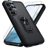 Compatible With Samsung Galaxy S23+ Plus Case With Screen Protector+Camera Lens Protector,Heavy Duty Shockproof Full Body Phone Cover Built In Metal Ring Holder Kickstand,2023 Black Matte
