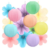 15Pcs Pastel Spring Classroom Decor Kit,Hanging Paper Lanterns Paper Flowers Fans For Easter Baby Shower Birthday Party Rainbow Wall Decor