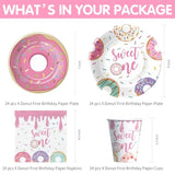 Donut “Sweet One” 1st Birthday Party Set – Pink Tableware for Girls, Serves 24 Guests