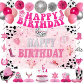 Disco Cowgirl Birthday Decorations - Disco Cowgirl Birthday Backdrop, Banner, Swirls, Honeycomb, Paper Pom Poms And Balloons For Cowgirl Theme Party Supplies