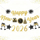 Gold & Black Glitter New Year Banner 2026 Party Decorations