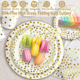 175Pcs White And Gold Party Supplies, Severs 25 Disposable Party Dinnerware, Gold Plastic Forks Knives Spoons And Golden Dot Paper Plates, White Napkins Cups For Graduation, Birthday, Wedding