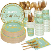 Sage Green And Gold Party Supplies 140 Pieces Happy Birthday Dinnerware - Sage Green Paper Plates, Napkins, Cups, Gold Plastic Forks, Knives, Spoons For Baby Shower Birthday Party Decoration