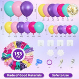 153pcs Purple Blue Pink Balloon Arch Kit with Teal Yellow Metallic Confetti